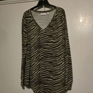 Belle by Kim Gravel- V-Neck Zebra Print Long Sleeve Top - Olive & Taupe